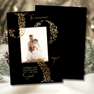 Cartão De Festividades Foto de Família Natal Alegria Floral Preto Dourado