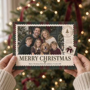 Cartão De Festividades Foto de Família Natal Vintage Tartan Polo Norte