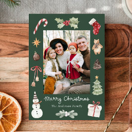 Cartão De Festividades Foto de Família Verde Natal Alegre Aquarela Fofa