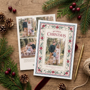 Cartão De Festividades Foto de Família Vintage do Natal Rosa