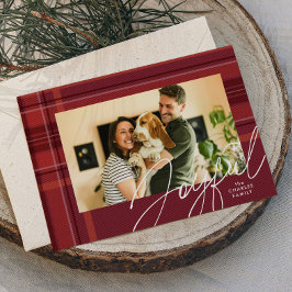 Cartão De Festividades Foto de família xadrez de Natal vermelha alegre