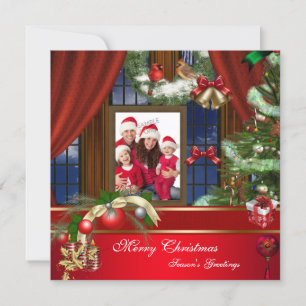 Cartão De Festividades Foto de Feliz Natal Vermelho Verde Janela