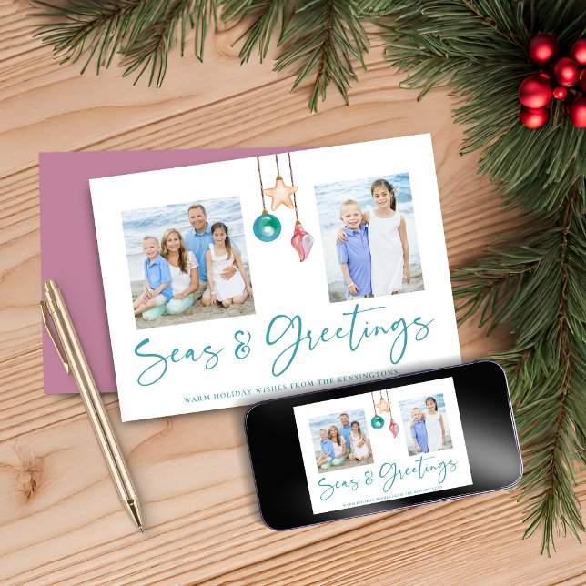 Cartão De Festividades Foto de Feriado de Shell Rosa, Seas e Saudações (Seas and Greetings Pink Shell Holiday Photo Card)