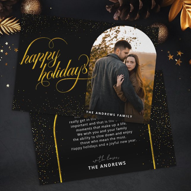 Cartão De Festividades Foto de Feriado Glamoroso Preto e Dourado (Criador carregado)