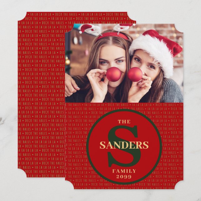 Cartão De Festividades Foto de Feriado Monograma do Deck the Halls (Frente/Verso)