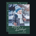Cartão De Festividades Foto de feriados felizes da caligrafia verde elega<br><div class="desc">Este elegante cartão com fotos Feliz Feriados de Caligrafia Verde é o cartão de feriado perfeito e simples. A design apresenta um cartão com fotos moderno decorado com tipografia romântica e caprichosa e um suporte bolinhas. Personalize o cartão com seu nome de família e ano.</div>