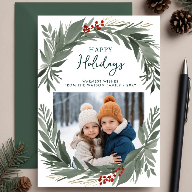 Cartão De Festividades Foto de Feriados Felizes da Folhagem de inverno (Winter Foliage Greenery Happy Holidays Photo Holiday Card)