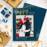Cartão De Festividades Foto de Feriados Felizes de Script Dourado Azul de<br><div class="desc">Cartão de Férias Feliz de Feriados de Dourado Azul de inverno</div>