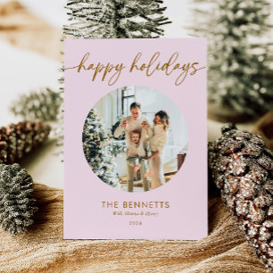 Cartão De Festividades Foto de feriados felizes, rosa e Dourado, modernos