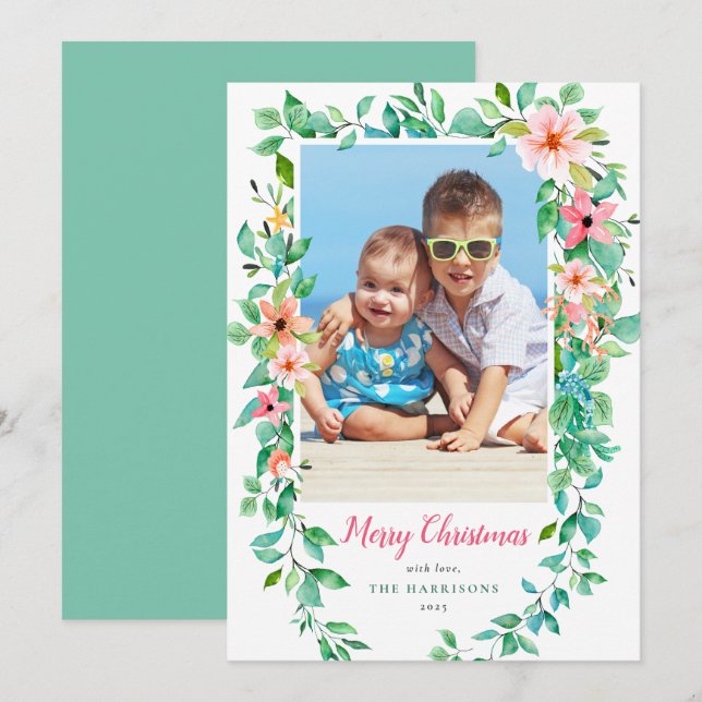 Cartão De Festividades Foto de Férias de Natal Tropicais Florais (Frente/Verso)