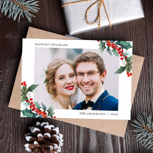 Cartão De Festividades Foto de Frame de Holly Berry Watercolor Elegante