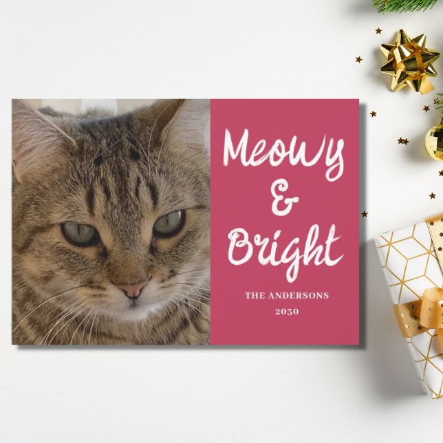 Cartão De Festividades Foto de Gato Rosa, Meowy e Bright Natal (Criador carregado)