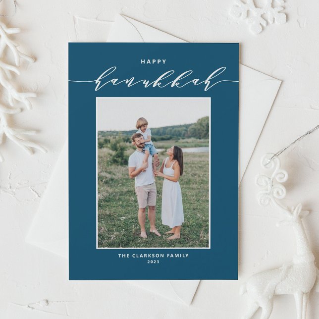 Cartão De Festividades Foto de Hanukkah Feliz Azul de Script Moderno (Criador carregado)