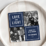 Cartão De Festividades Foto de Hanukkah Moderno e Leve<br><div class="desc">Mostre suas fotos quadradas neste simples e moderno cartão com fotos Chanucá. Design apresenta um layout quadrado com um fundo azul marinho e "Love and Light" em caracteres brancos modernos. Use os dois campos de texto personalizáveis para adicionar uma saudação personalizada e seu nome de família. Fotografia © Storytree Studios,...</div>
