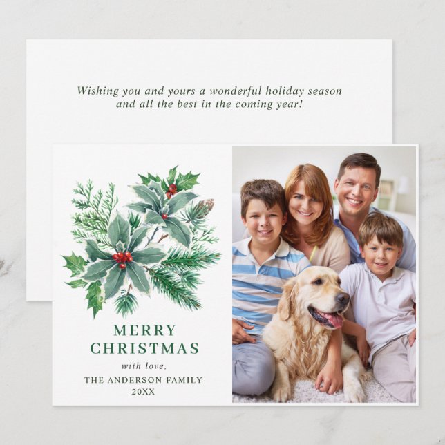 Cartão De Festividades Foto de Natal Agradecimento Festivo Azevinho Baga (Frente/Verso)