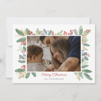 Cartão De Festividades Foto de Natal Alegre com Floral em Aquarela