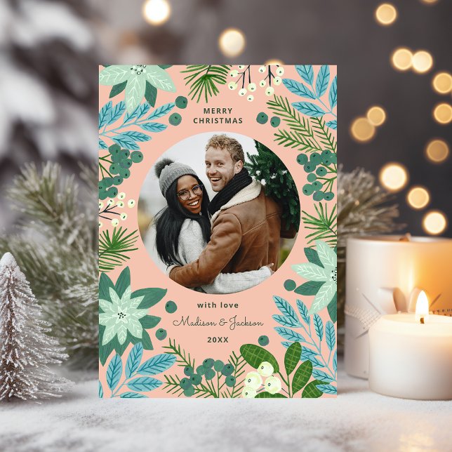 Cartão De Festividades Foto de Natal Alegre com Pastéis Rosa Modernos Flo (Modern Pink Floral Merry Christmas Photo Holiday Card)