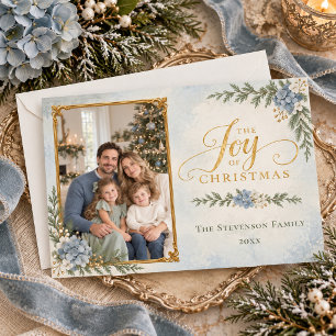 Cartão De Festividades Foto de Natal Alegria de Hydrangea Azul Elegante e
