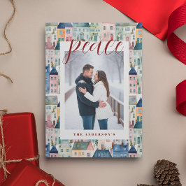 Cartão De Festividades Foto de Natal Aquarela Casas Coloridas Vermelhas