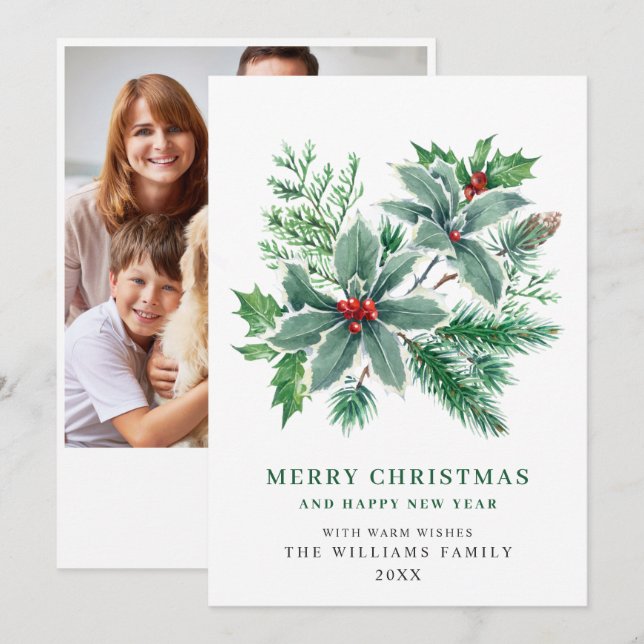 Cartão De Festividades Foto de Natal Azevinho Festivo Saudação de Natal (Frente/Verso)