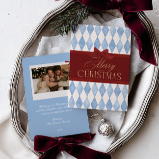 Cartão De Festividades Foto de Natal Azul com Laço Vermelho Vintage Elega
