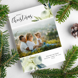 Cartão De Festividades Foto de Natal Bonito Watercolor Floral Abençoada