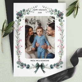 Cartão De Festividades Foto de Natal Botânica em Aquarela com Laço Verde