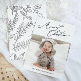 Cartão De Festividades Foto de Natal Botânica Preta e Branca Mais Feliz