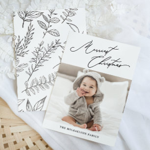 Cartão De Festividades Foto de Natal Botânica Preta e Branca Mais Feliz