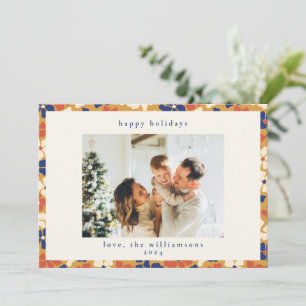 Cartão De Festividades Foto de Natal Botânico Floral Azul Mostarda Boho