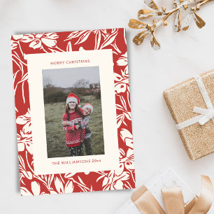 Cartão De Festividades Foto de Natal Botânico Floral Vermelho Chic Elegan