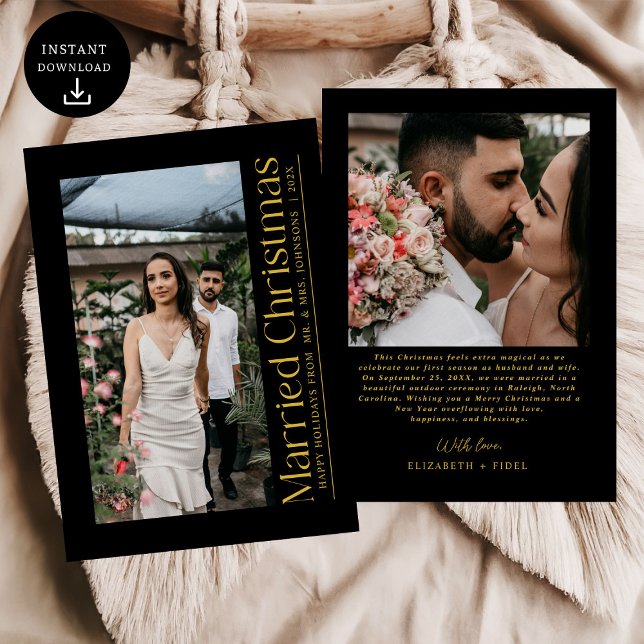 Cartão De Festividades Foto de Natal casada para recém-casados Preto e Do (Criador carregado)
