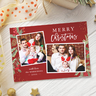 Cartão De Festividades Foto de Natal Clássico Moderno Vermelho e Verde Fe