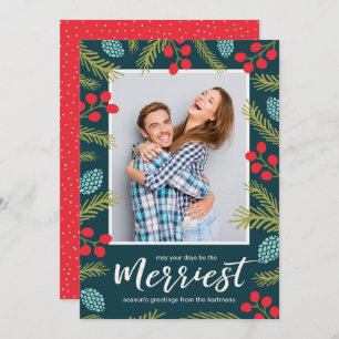 Cartão De Festividades Foto de Natal Colorida Berries e Pine Moderno