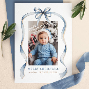 Cartão De Festividades Foto de Natal com Arco Azul e Moldura de Fita Ondu