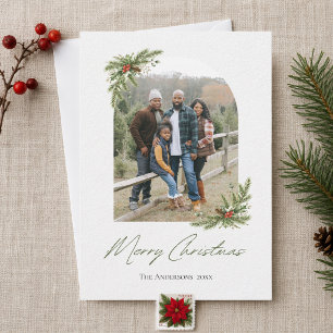 Cartão De Festividades Foto de Natal com Arco de Pinheiro em Aquarela Ele