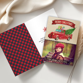 Cartão De Festividades Foto de Natal com Caminhonete Vermelha Antiga
