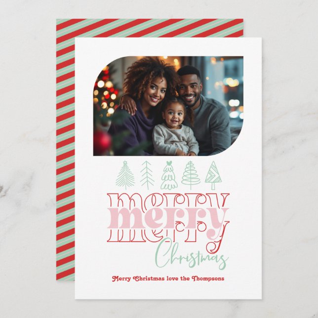 Cartão De Festividades Foto de Natal com Doodle Retro Moderno de Hortelã- (Frente/Verso)