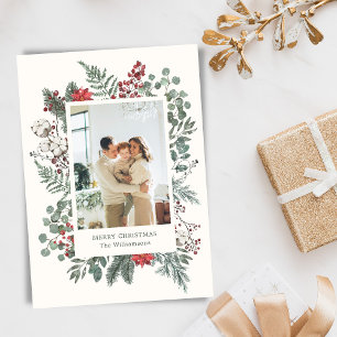 Cartão De Festividades Foto de Natal com Elegante Botânica Verde