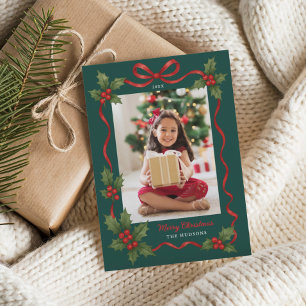 Cartão De Festividades Foto de Natal com Fita de Azevinho Verde