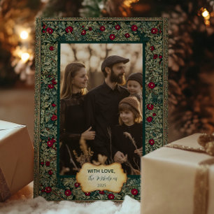 Cartão De Festividades Foto de Natal com Folhagem Botânica Vintage