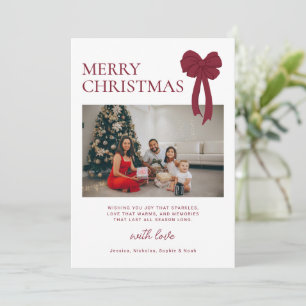 Cartão De Festividades Foto de Natal com Laço Burgundy Moderno