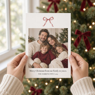 Cartão De Festividades Foto de Natal com Laço de Aquarela Burgundy Minima
