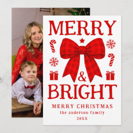 Cartão De Festividades Foto de Natal com Laço de Gingham Vermelho Alegre 