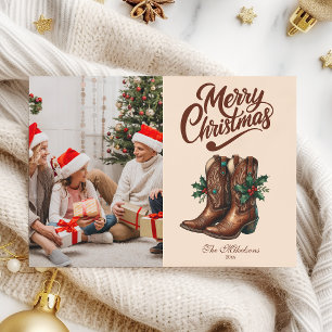 Cartão De Festividades Foto de Natal com Laço e Botas Western