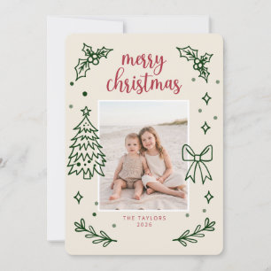Cartão De Festividades Foto de Natal com Laço Verde Desenhado à Mão Capri