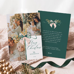 Cartão De Festividades Foto de Natal com Laço Verde e Rosa em Aquarela El