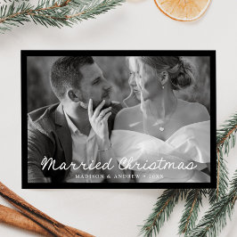 Cartão De Festividades Foto de Natal com Letra de Casados Preta e Elegant