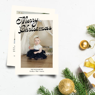 Cartão De Festividades Foto de Natal com Letra Elegante Preto e Branco