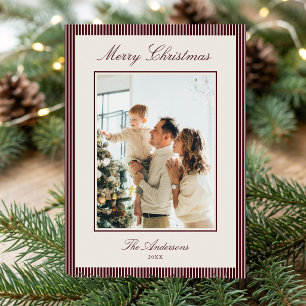 Cartão De Festividades Foto de Natal com Listras Burgundy Elegantes